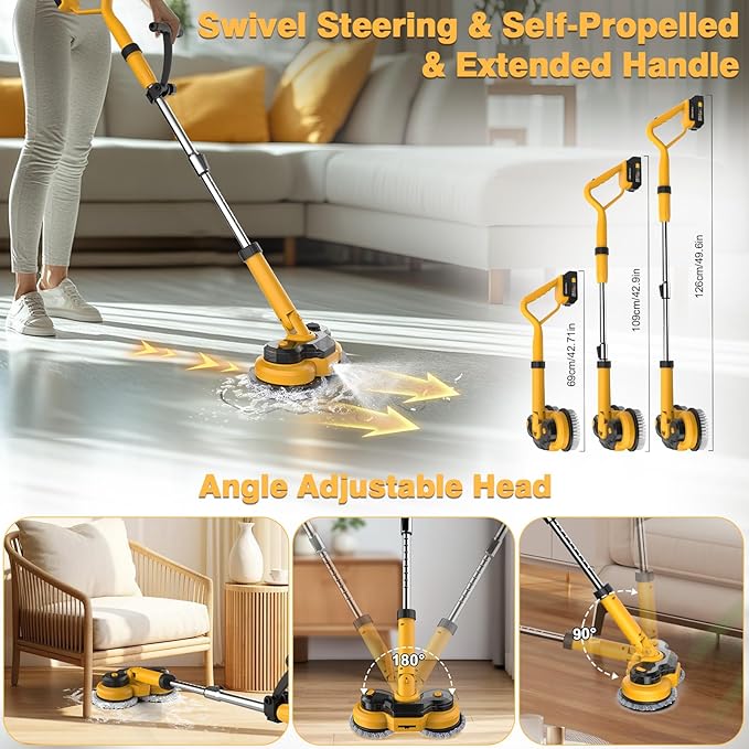 Cordless Electric Mop for Dewalt 20V Battery (NO Battery), 2 in 1 Spin Mop & Electric Floor Scrubber Machine with LED Light & Water Spray, 800 RPM Rotating Electric Mops for Floor Cleaning (Golden)