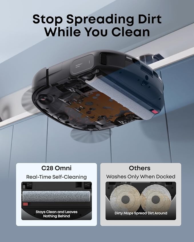 eufy Robot Vacuum C28, HydroJet™ Self-Cleaning Roller Mop, DuoSpiral™ Detangle Brush, 15,000 Pa Turbo High Suction, 5-in-1 Robot Vacuum and AI Obstacle Avoidance