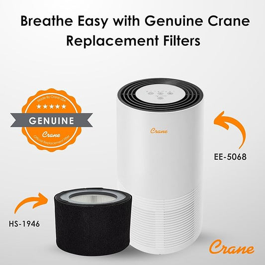 Crane Genuine Air-Purifier Replacement Filter For Model EE-5068, HS-1946 HEPA Replacement, 3-Stage Filtration For Better Indoor Air Quality (Pack of 12)