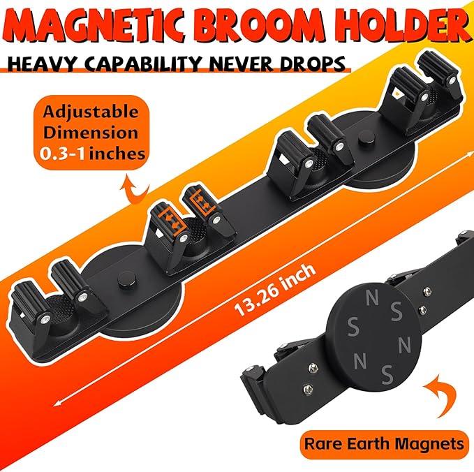 Magnetic Broom Holder Rack,Strong Magnetic Mount Mop Holder 4 Racks for Cleaning Tools,Non-slip Magnetic Tool Holder Broom Hooks for Camper Garage Kitchen