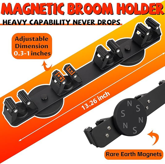Magnetic Broom Holder Rack,Strong Magnetic Mount Mop Holder 4 Racks for Cleaning Tools,Non-slip Magnetic Tool Holder Broom Hooks for Camper Garage Kitchen