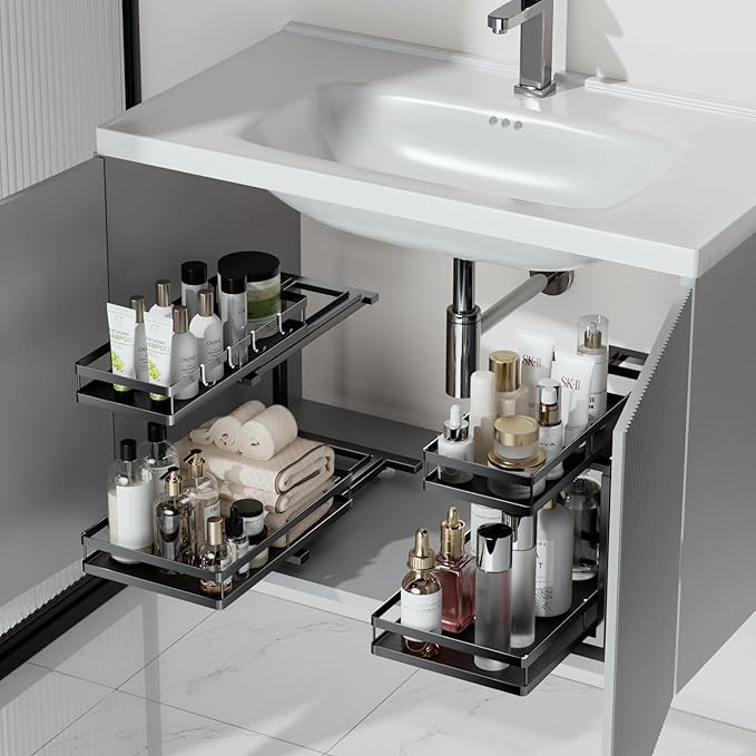 Under Sink Organizer, JCYLQ Dual-Rail Ball-Bearing, Under Kitchen Sink Organizer, 6-Level Adjustable, Under Cabinet Storage, No-Drill Adhesive/Suction, Under Sink Organizers and Storage (2-Pack)