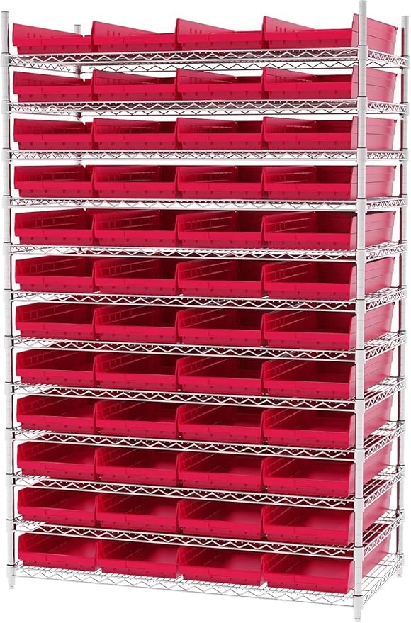 Akro-Mils 30174 Plastic Shelf Bins, Heavy Duty Storage Bins for Garage, Closet, and Drawer Organization, 24-Inch x 11-Inch x 4-Inch, Red, 6-Pack