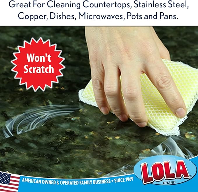 LOLA Nylon Net Sponge Cleaning Pad, 6 Pack, Non Scratch Scrubbers, Safe on Non-Stick Surfaces & Coated Cookware & Dishes - Gentle Effective Cleaning