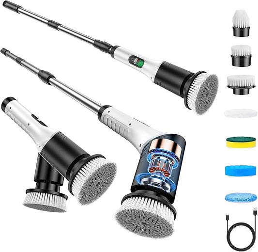 Electric Spin Scrubber, Cordless Power Cleaning Brush with 7 Replaceable Heads, Adjustable Long Handle, & LCD Display, IPX6 Waterproof Shower Scrubber for Bathroom, Tub, Tile, Floor & Car