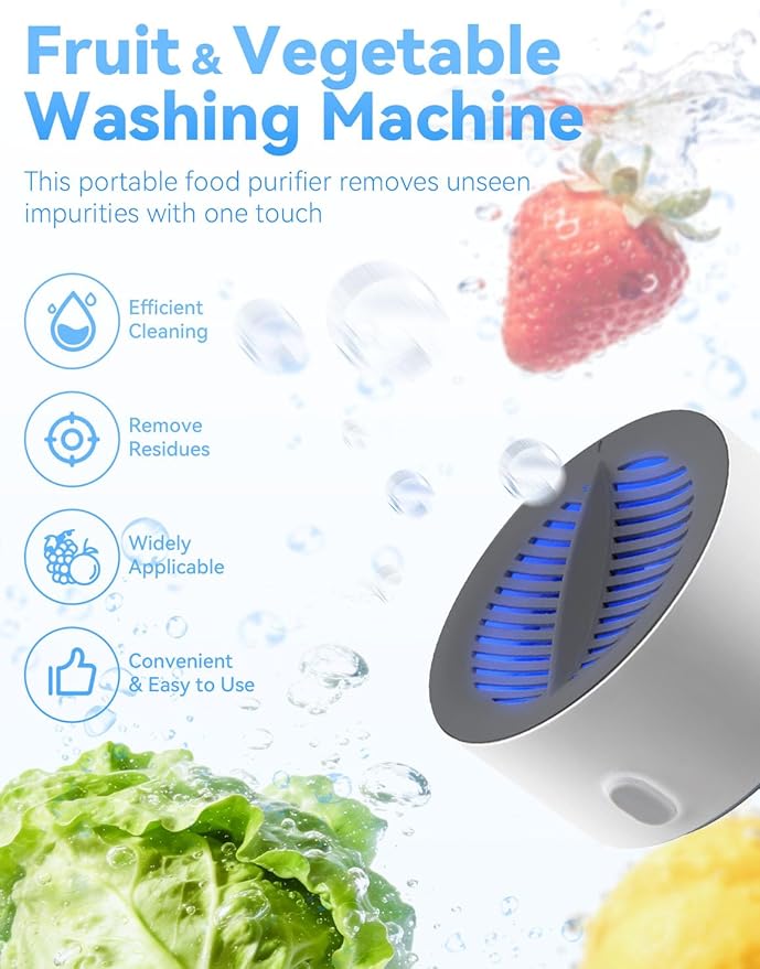 puriproduce Fruit and Vegetable Washing Machine, 3-Minute Clean, Ipx7 Waterproof, Electrolysis Purifier Technology, Magnetic Charging, Portable Food Purifier for Veggies, Fruit, Seafood & Meat (1PCS)