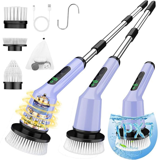 Electric Spin Scrubber for Cleaning Bathroom, Shower Scrubber Cordless Cleaning Brush with IPX7 Waterproof & 2 Speed, 3 Brush Heads, Bathroom Cleaning Supplies for Shower Tub Tile Toilet Purple