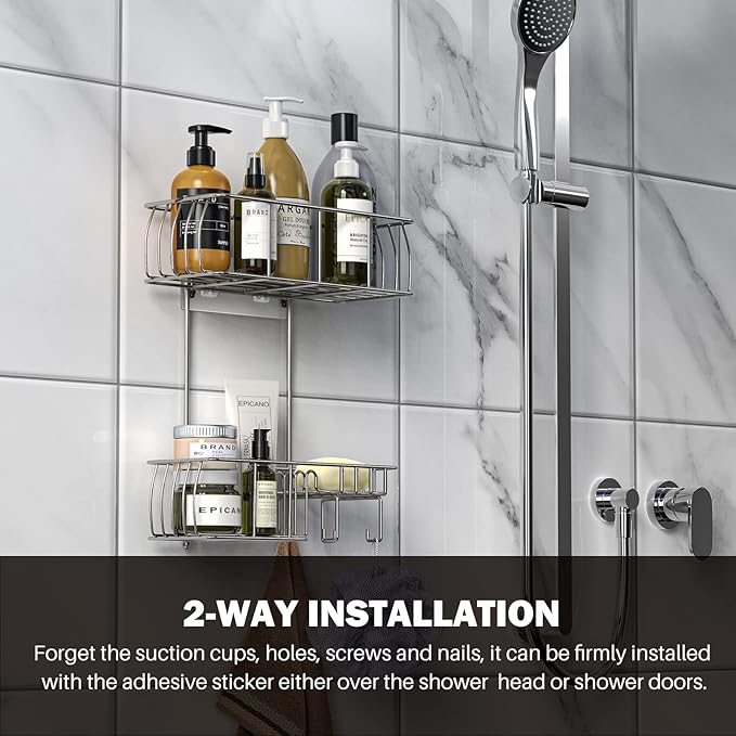 Epicano Anti-Swing Hanging Shower Caddy Stainless Steel 304, Over Head Shower Caddy Rustproof with hooks for Towels, Sponge and more, Chrome