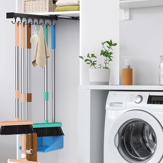 Pull Out Broom Holder With Adjustable Double Row Sliding Hook, Multifunctional Slide Broom And Mop Storage/Organizer Garage Organization Hooks, for Closet Laundry - 41cm/16.14inch