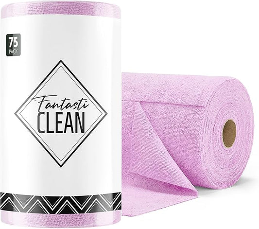 Fantasticlean Microfiber Cleaning Cloth Roll -75 Pack, Tear Away Microfiber Towels, 12" x 12", Reusable, Washable, Scratch Free, Ultra Absorbent Dishcloth for All-Around Cleaning Supplies (Purple)