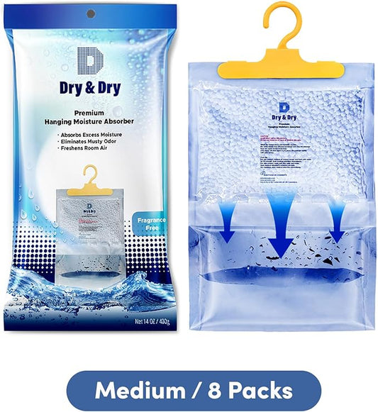 Dry & Dry Premium Moisture Absorbers Dehumidifiers for Home, Basement, Bedroom, Small Dehumidifiers - Blue & White (8 Pack) 14 ounce