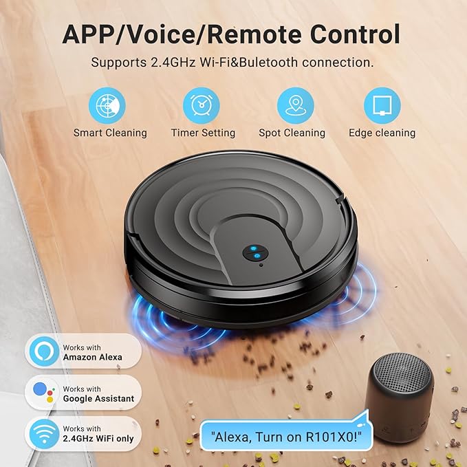 Robot Vacuum and Mop Combo, Robotic Vacuum Cleaner 5000Pa Strong Suction 130 Mins Runtime, Slim, Low Noise, Automatic Self-Charging, Wi-Fi/App/Alexa Control, Ideal for Hard Floor/Low-Pile Carpet