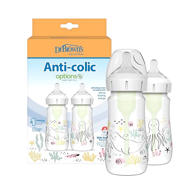 Dr. Brown's Anti-Colic Options+ Wide-Neck Baby Bottle Designer Edition Bottles, Ocean Decos, 9 oz/270 mL, Level 1 Nipple, 0m+, 2-Pack