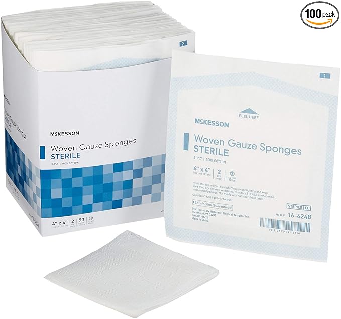 McKesson Woven Gauze Sponges, Sterile, 8-Ply, 100% Cotton, 4 in x 4 in, 2 per Pack, 50 Packs, 100 Total