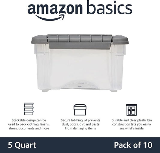 Amazon Basics Plastic Storage Containers with Secure Latching Lids, Stackable Organization Bins for Organizing, Clear/Grey, 5 Quart, Set of 10