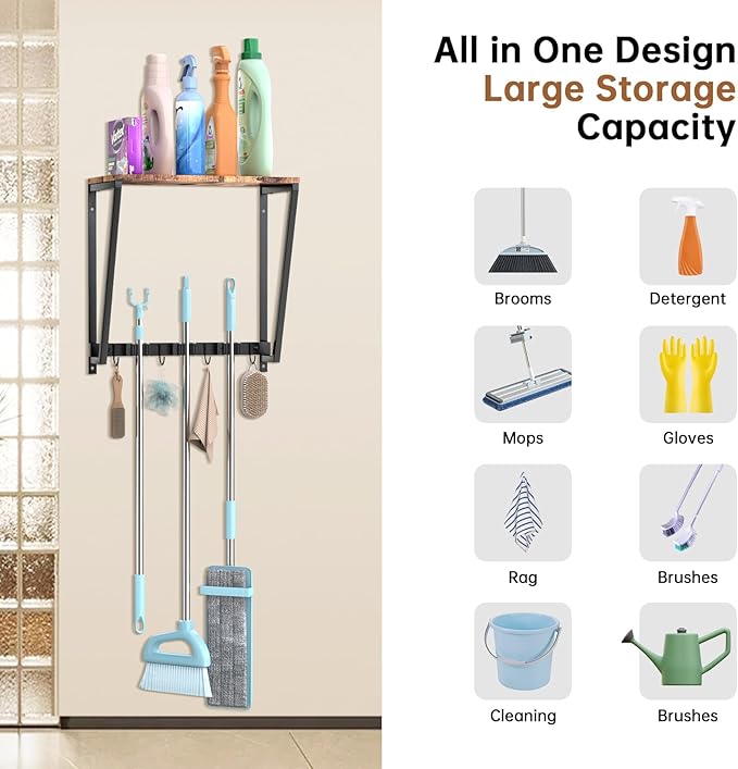 Broom Holder Wall Mount, Heavy Duty Broom & Mop Organizer Wall Hanging for Laundry Room Organization, Garage Storage & Home Improvement, Multi-Layer Iron & Wood Shelving with Hooks