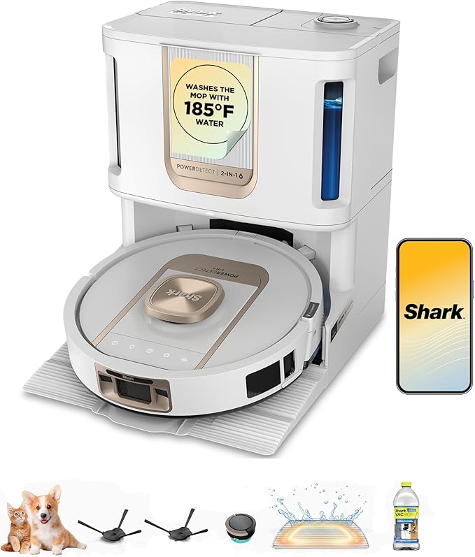 Shark Robot Vacuum & Mop Combo, PowerDetect ThermaCharged NeverTouch Pro, Self-Emptying, Self-Refill with Heated Mop Cleaning, 60-Day Capacity, 30-Day Tank, 6 PowerDetect Technologies, White, AV2900XE