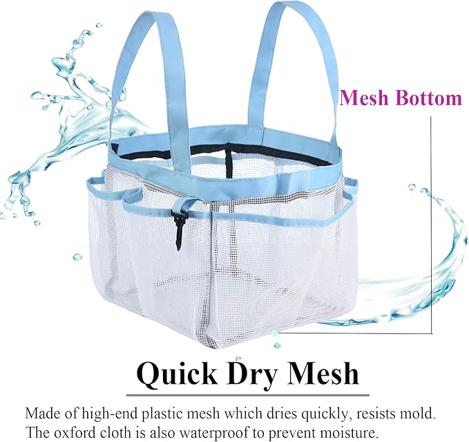 Haundry Mesh Shower Caddy Tote, Large College Dorm Bathroom Caddy Organizer with Key Hook and 2 Oxford Handles, 8 Basket Pockets for Camp Gym