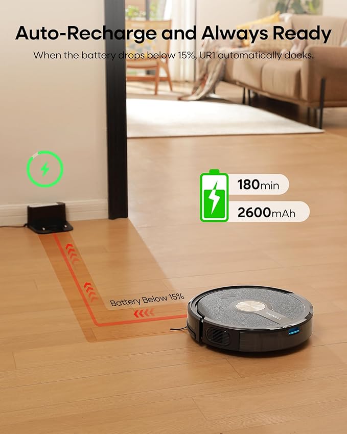 Robot Vacuum and Mop Combo,5000Pa Robotic Vacuum Cleaner,180mins Runtime Vacuum Robot with App/Remote/Alexa Control, Ideal for Hard Floor/Carpet/Pet Hair, Self-Charge,Schedule Clean(UR1)