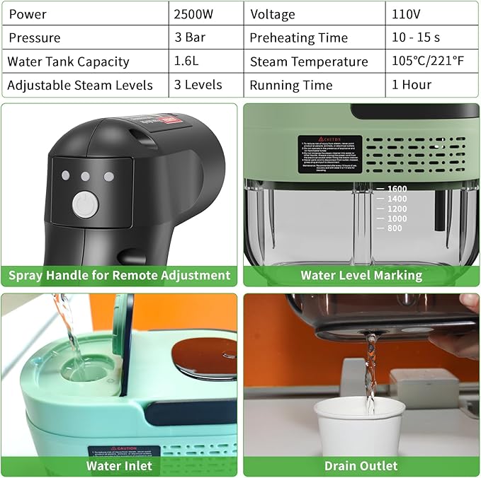 Handheld Steam Cleaner for Home, 2500W High Temperature Pressurized Machine, 1.6L Water Tank, Handle-controlled Steam Output, Portable Cleaning Steamer for Car, Bed Bugs, Furniture (Green, 16 PCS)