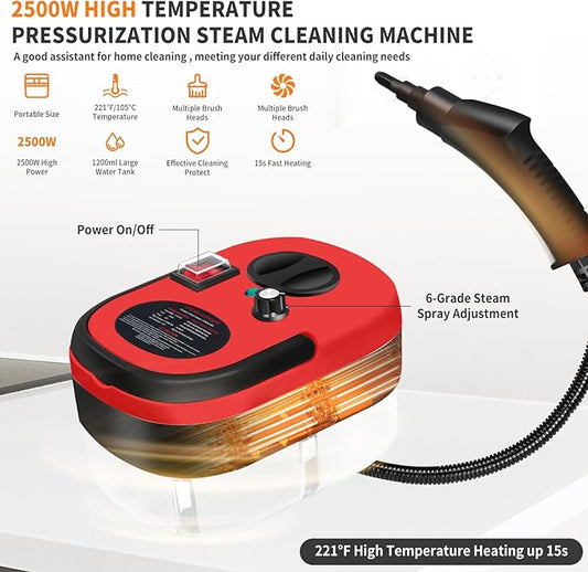 Steam Cleaner, 6-gears Adjustable, 15s Heat-Up, 1.29 Quarts Tank, Portable Steamer for Cleaning with 26 pcs Accessories, Steam Cleaner for Home,Dirt, Grease, Grout, Tile,Floor,Couch and Car