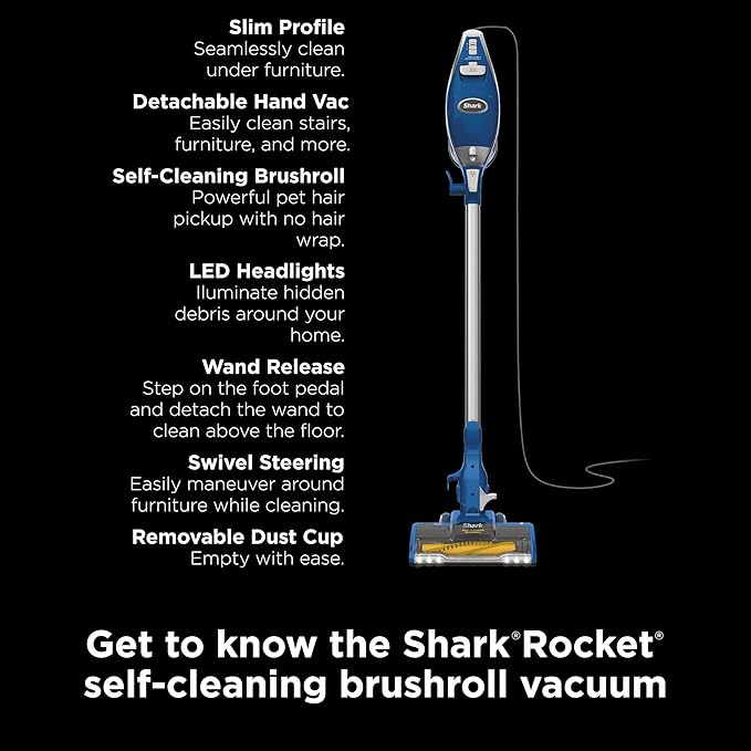 Shark HV343AMZ Rocket Corded Stick Vacuum with Self-Cleaning Brushroll, Lightweight & Maneuverable, Perfect for Pet Hair Pickup, Converts to a Hand Vacuum, Crevice Upholstery Tools, Blue/Silver