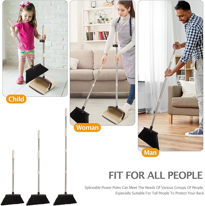 Broom and Dustpan Set, Dustpans with Broom Combo for Home, Heavy Dust Broom and Dustpan Combo, Long Handle Dust Pan and Broom Set for Kitchen, Office, Pet Hair,Beige, Pack of 1