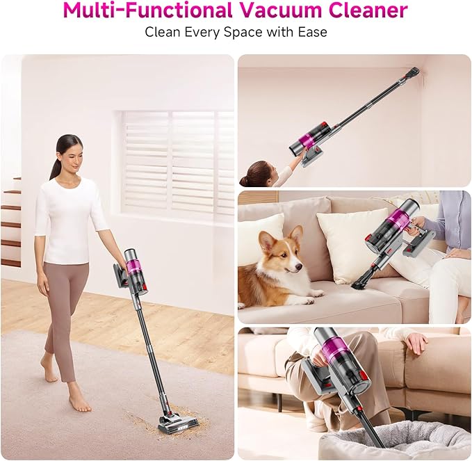 Cordless Vacuum Cleaner, 550W/45KPA Powerful Suction Cordless Stick Vacuum Cleaners for Home, Anti-Tangle Brush, Lightweight, 6-in-1 Rechargeable Vacuum for Pet Hair/Carpet/Hard Floor(Purple)