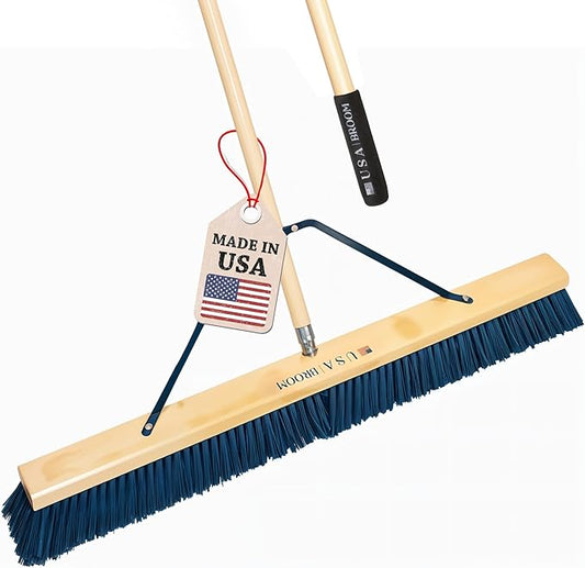 36" Heavy Duty Outdoor Push Broom with 60" Handle. Ideal for Ashpalt, Concrete & Heavy Debris. Durable American Made Steel Brackets-Stainless Steel Hardware. No Plastic. 100% Made in The USA.