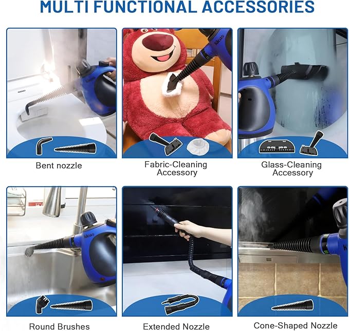 KLONA Portable Steam Cleaner, Hand Held steamers for cleaning house, Home Multi Purpose - 10-Piece Accessory Kit for Sofa, Upholstery, Carpets
