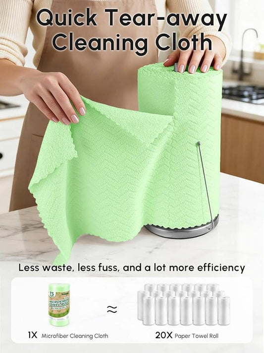 Microfiber Cleaning Cloths Roll, 75 Pack Tear Away Microfiber Towels Roll, 12" x 12" Lint Free Rags, Reusable Cleaning Cloths, Washable, Scratch Free,Ultra Absorbent Dish Rags(Green Ripple)
