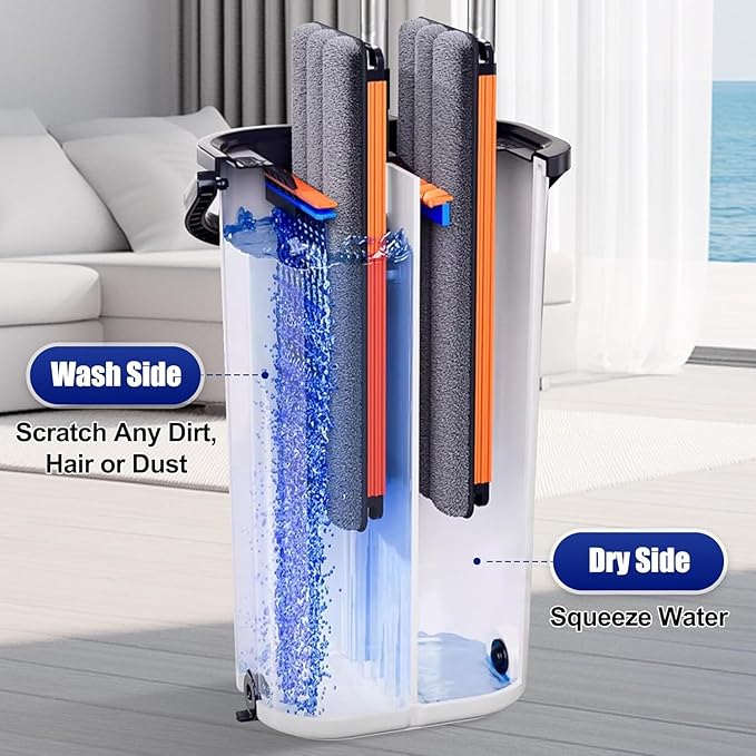 Easywring Washable Mop and Bucket with Wringer Set for Home, Durable and Sturdy Aluminum Flat Mop Head, 2-Chamber, Wet and Dry for All Surfaces, with 8 Reusable Microfiber Mop Pads 13 inch (16 Inch)