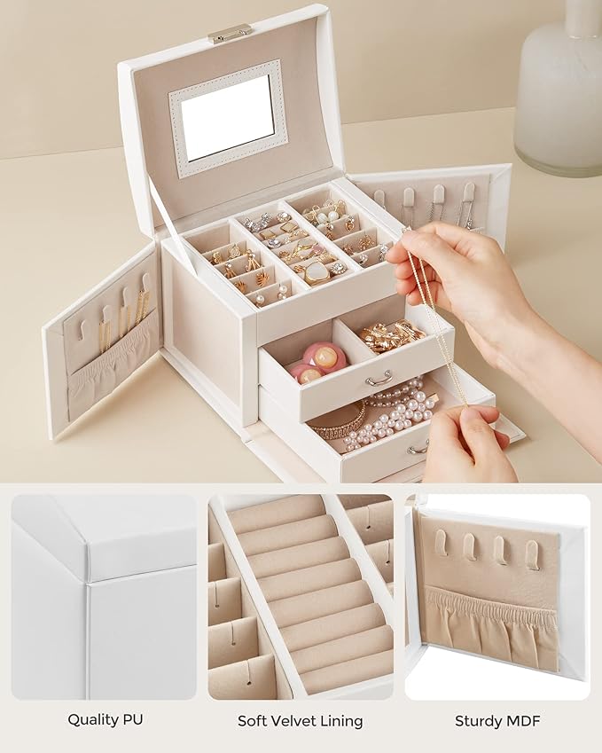 SONGMICS 3-Tier Jewelry Box, Travel Jewelry Case with Handle, 2 Drawers, Lockable Jewelry Organizer with Mirror, Jewelry Storage, Modern Style, Gift for Loved Ones, White UJBC154W01