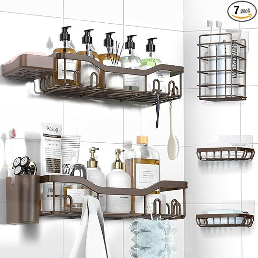 Shower Caddy Adhesive Shower Organizer 7-Pack, Rustproof Stainless Steel Bathroom Shelves, Large Capacity No-Drill Rack Storage Accessories with Soap Dish Toothbrush Holder Hooks