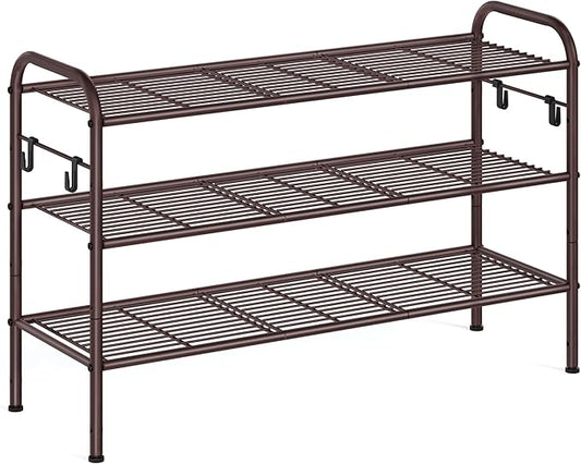 SONGMICS Shoe Rack, 3-Tier Shoe Organizer, Metal Shoe Shelf Storage with 4 Side Hooks, Holds 15 Pairs of Shoes, Height-Adjustable Shoe Rack for Entryway, Hallway, Closet, Easy Assembly, Chestnut Brown