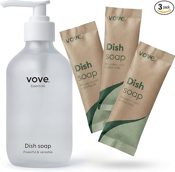 Vove Dish Soap Starter Set with Refillable Glass Pump Bottle & 3 Refills, Bergamot Mint & Basil, Powder-to-Gel Dishwashing Liquid, Plant-Based Concentrated Formula, Plastic-Free Packaging