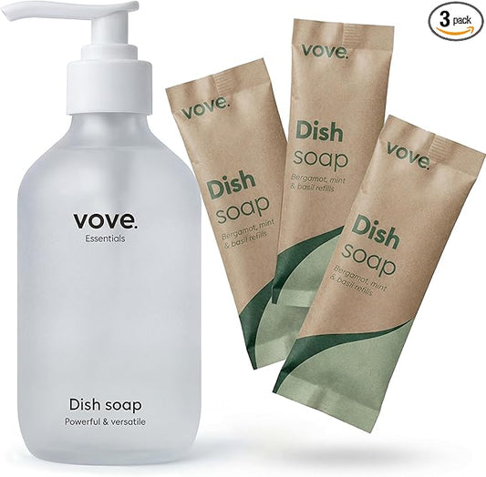 Vove Dish Soap Starter Set with Refillable Glass Pump Bottle & 3 Refills, Bergamot Mint & Basil, Powder-to-Gel Dishwashing Liquid, Plant-Based Concentrated Formula, Plastic-Free Packaging