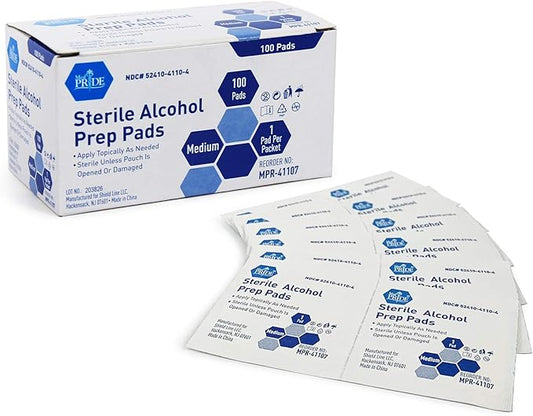 MED PRIDE Sterile Alcohol Prep Pads, Antiseptic, Individually Wrapped, Medical Grade, Latex Free, 2 Ply, 100 Count