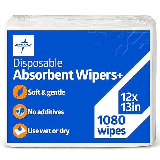 Medline Absorbent Wipers+ Disposable Heavy Duty Dry Wipes, 12" x 12" (90 Count, 12 Pack)