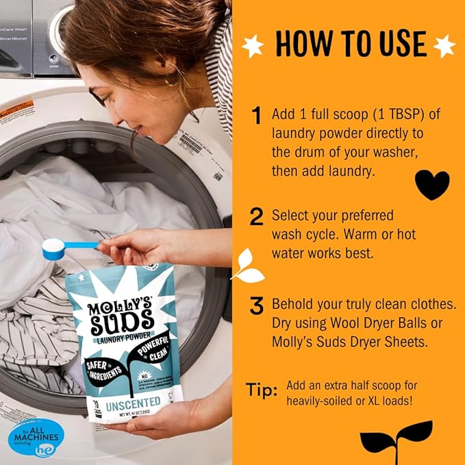 Molly's Suds Original Laundry Detergent Powder | Clean Laundry Detergent Powder for Sensitive Skin | Simple, Effective Ingredients, Stain Fighting | 120 Loads (Citrus Grove)
