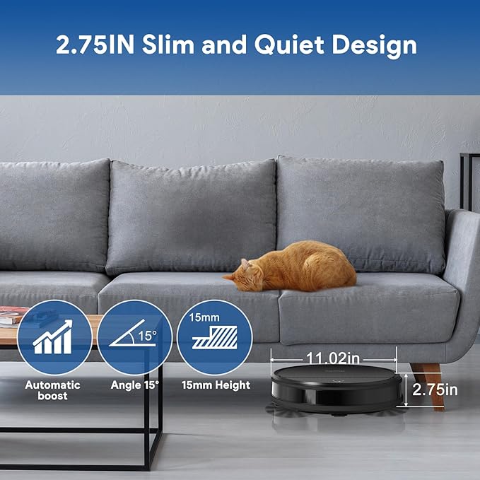 Bagotte Robot Vacuum and Mop, Robotic Vaccum 550ml Dustbin, 2.75'' Slim Robot Vacuum Cleaner, Zigzag Efficient Navigation, Automatic Robot Vacuum Cleaner for Pet Hair, Hard Floor, Carpet