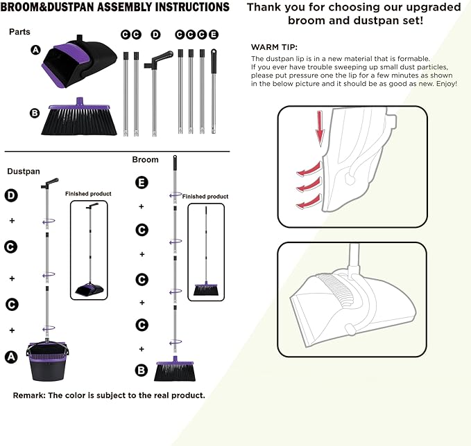 Broom and Dustpan Set, Upright Purple Broom with Dustpan Combo Set 51" Long Handle, Self Cleaning Dust Pan for Home, Kitchen and Office