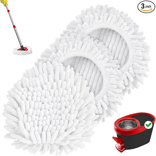Baderke 3 Pack Chenille Mop Heads Replacements Compatible with 1 Tank System Chenille Duster Replacement Heads Microfiber Spin Mop Refill Pads Reusable Dust Refills for Floor Cleaning (White)