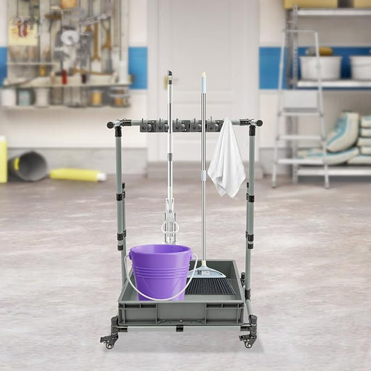 Garden Tool Organizer, 10 Slots with Hooks, Movable Floor-Mounted Mop Rack Floor Standing Cleaning Tool Cart Storage for Garage Organization and Storage, Hold Long-Handled Tool/Rake/Broom (Style 1)