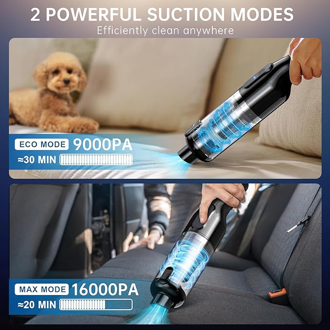 Handheld Vacuum Cordless, Car Vacuum with 16000Pa Powerful Suction, Lightweight at 1.3 lbs, Type-C Charge, Multiple Accessories, Rechargeable Vacuum Cleaners for Home Office Car Pet