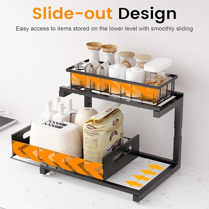 Under Sink Organizer, Heavy Duty Metal Slide Out Sink Shelf Organizer Height Adjustable, Multi-Purpose Storage Shelf for Kitchen Bathroom (Black,1Pack)