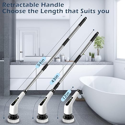 Electric Spin Scrubber, Cordless Cleaning Brush Scrubber for Home, 8 Replaceable Brush Heads-90Mins Work Time, 3 Adjustable Size, 2 Speeds for Bathroom Shower Bathtub Glass Car