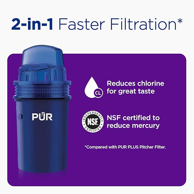 PUR 7-Cup Water Pitcher, 1 Genuine Filter, Cleaner, Great-Tasting Water, Dishwasher Safe, Powerful, Faster Filtration, LockFit Cap Design - Blush (Pack of 2)