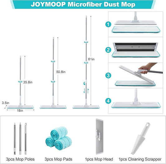 JOYMOOP 18 Inch Dust Mop for Hardwood Floors, Heavy Duty Industrial Wet Dry Mops with Telescopic Handle, Includes 3 Microfiber Mop Pads