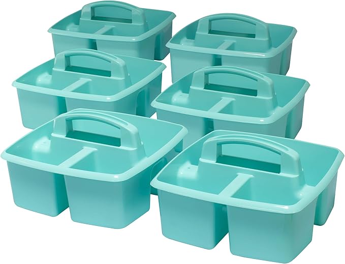 Storex 3-Compartment Small Caddy – Multipurpose Classroom Organizer with Handle, Teal, 6-Pack (00952U06C), 9.25 x 9.25 x 5.25 Inches